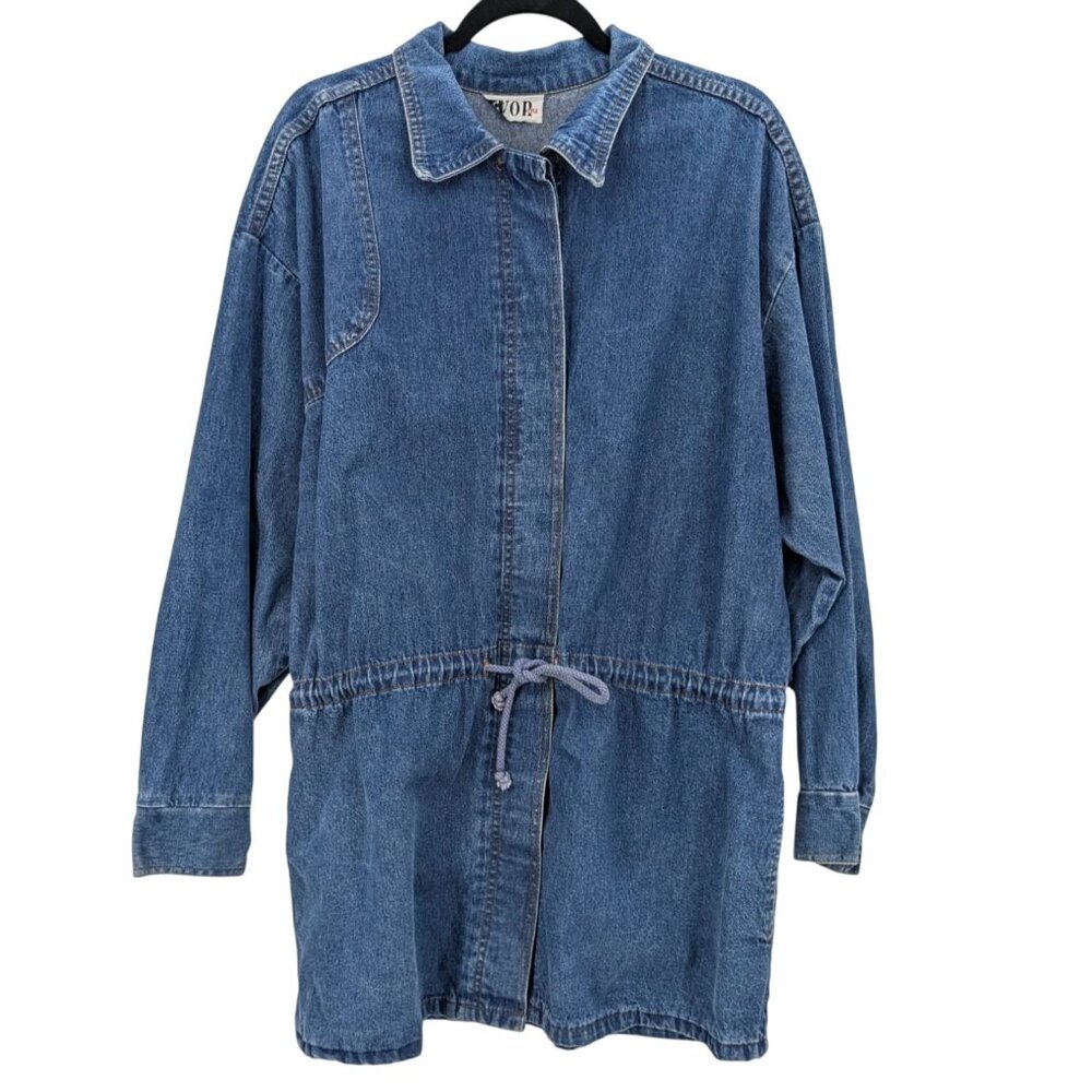 Vtg 90s Denim Utility Jacket Y2K Shirt Dress Oversized Drawstring Waist Size L